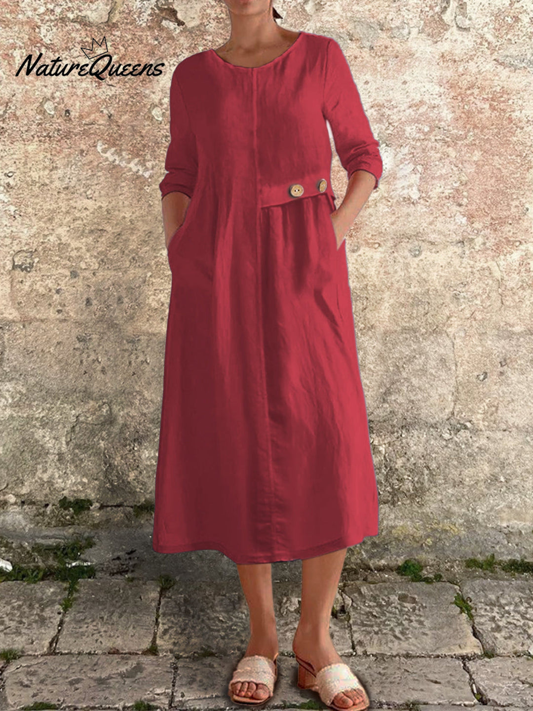 Cotton-Linen Dress with 3/4 Sleeves and Pockets for Women