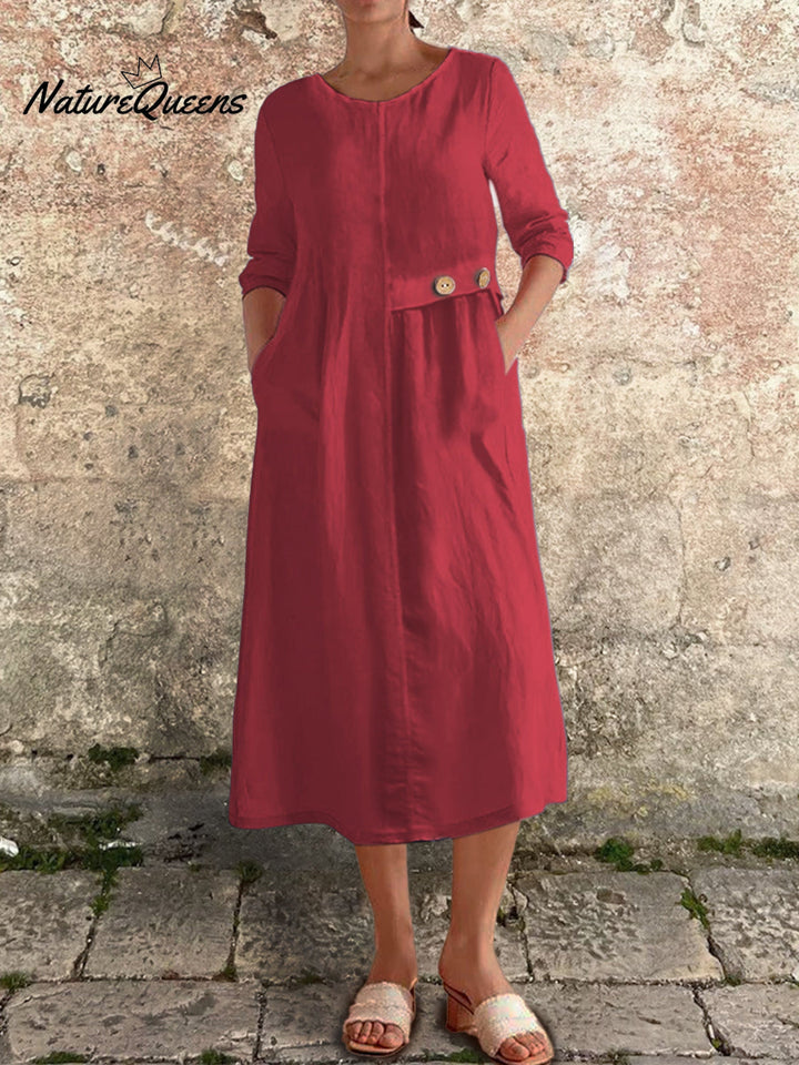 Cotton-Linen Dress with 3/4 Sleeves and Pockets for Women