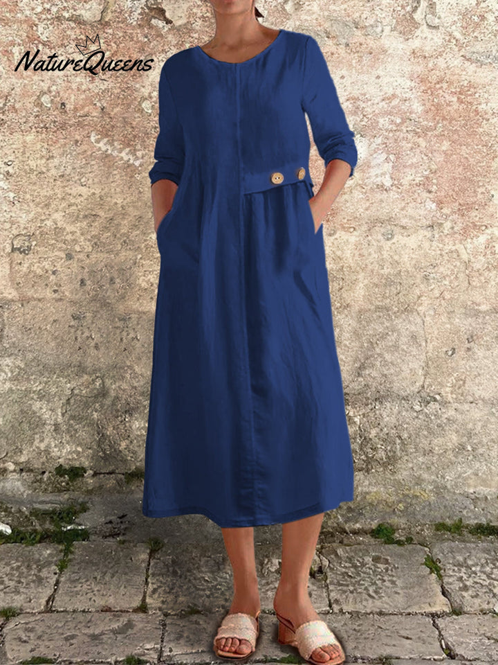Cotton-Linen Dress with 3/4 Sleeves and Pockets for Women
