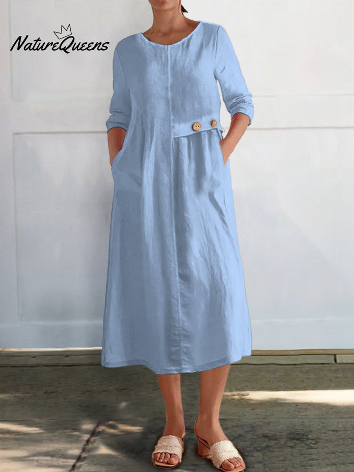 Cotton-Linen Dress with 3/4 Sleeves and Pockets for Women