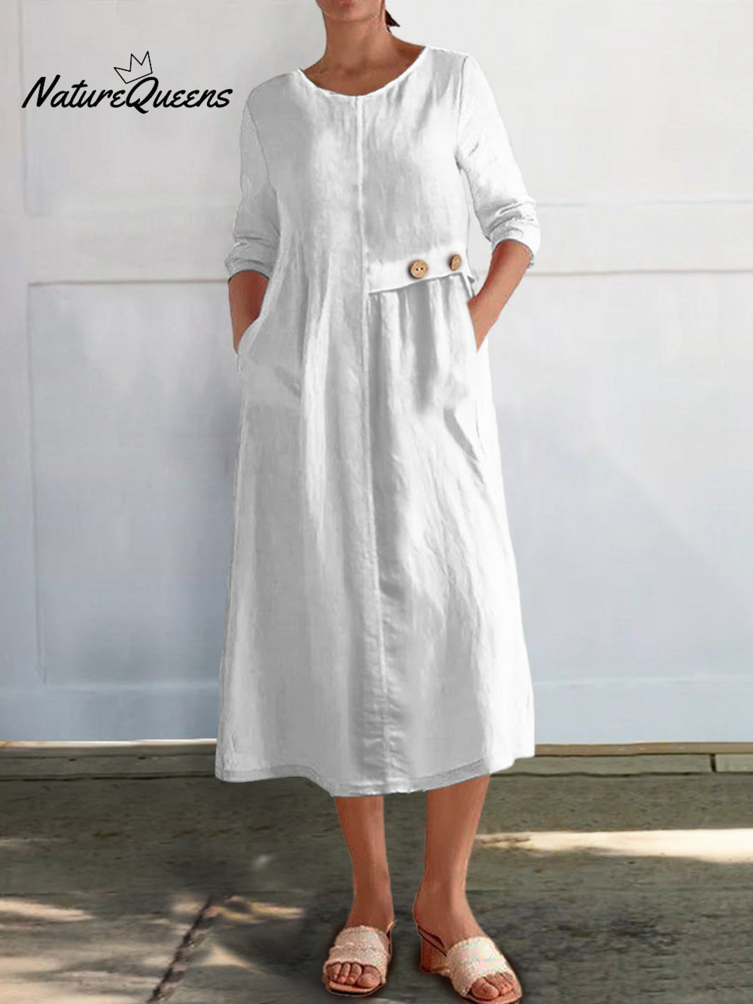Cotton-Linen Dress with 3/4 Sleeves and Pockets for Women
