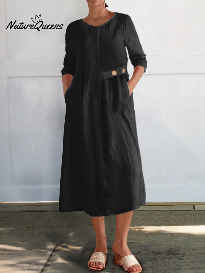 Cotton-Linen Dress with 3/4 Sleeves and Pockets for Women