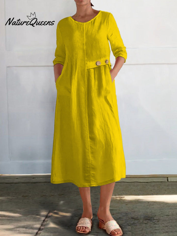 Cotton-Linen Dress with 3/4 Sleeves and Pockets for Women
