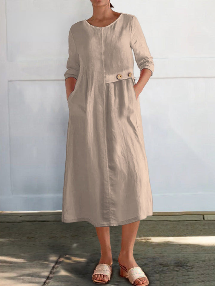 Cotton-Linen Dress with 3/4 Sleeves and Pockets for Women